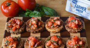 Sesame Farmer Cheese Bites with Balsamic Garlic Tomatoes
