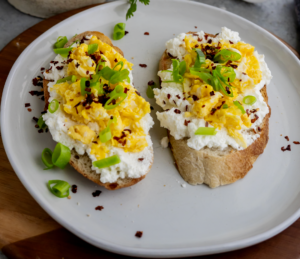 Spicy Scrambled Eggs with Farmer Cheese Toast