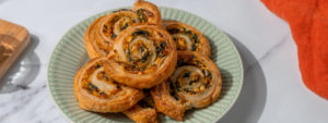 Spinach and Caramelized Onion Farmer Cheese Pinwheels made with Lifeway Farmer Cheese and Lifeway Kefir Butter