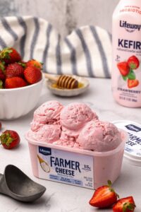 Strawberry Farmer Cheese Ice Cream made with Lifeway Kefir and Lifeway Farmer Cheese