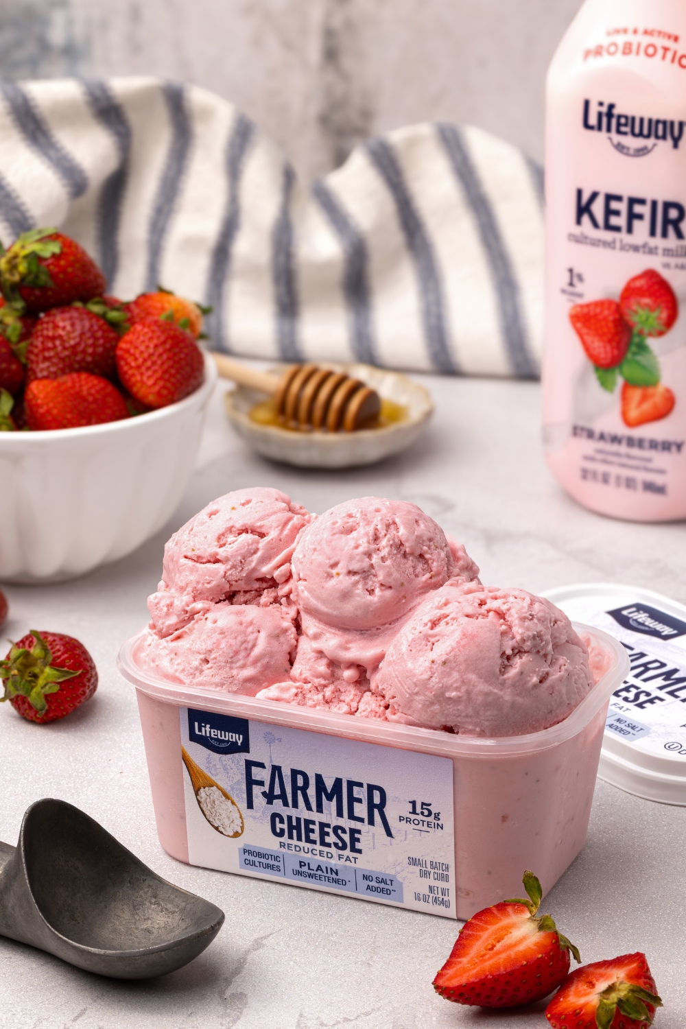 Strawberry Farmer Cheese Ice Cream made with Lifeway Kefir and Lifeway Farmer Cheese