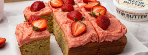 Strawberry Snack Cake with Probiotic Buttercream Frosting made with Lifeway Kefir and Lifeway Kefir Butter