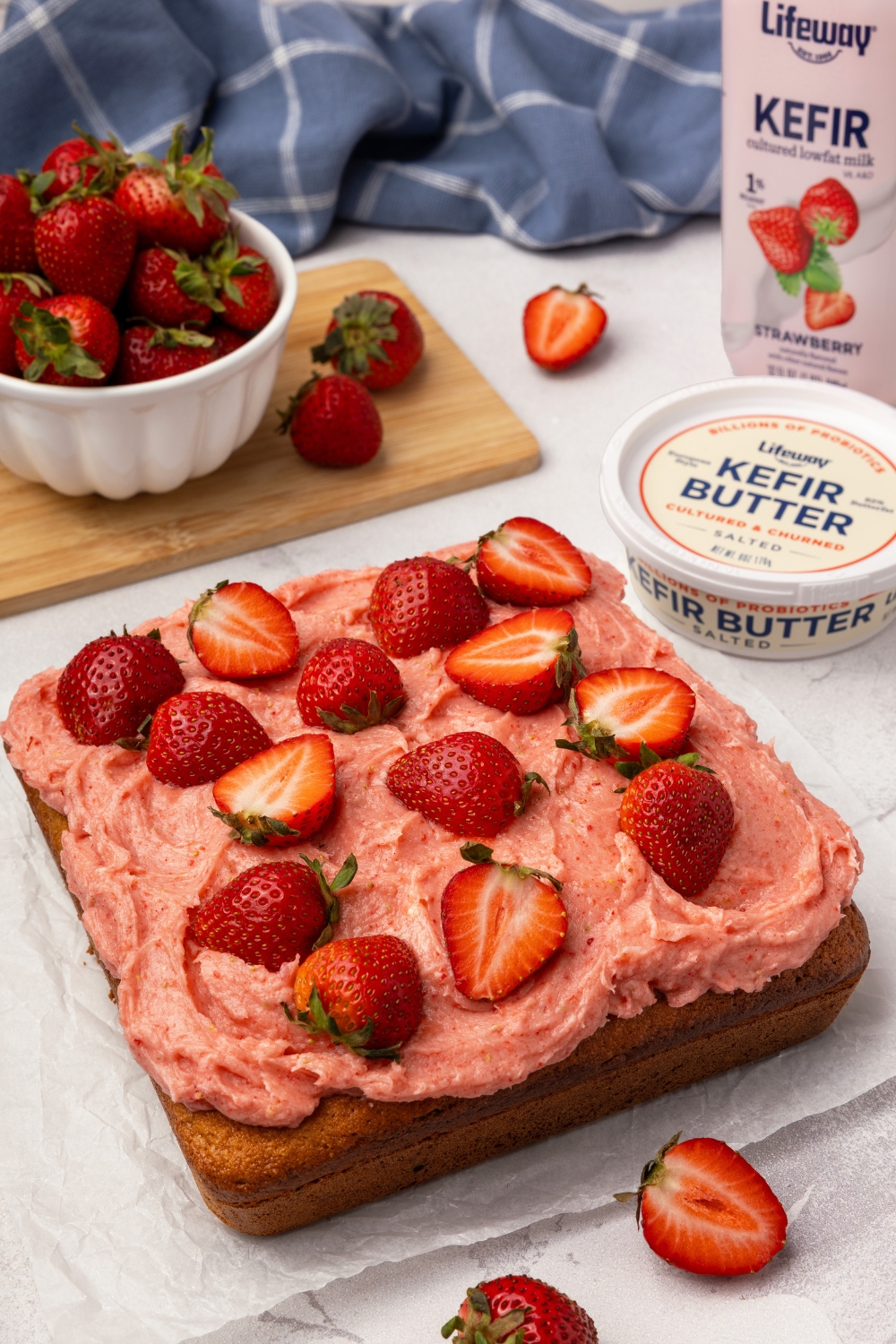 Strawberry Snack Cake with Probiotic Buttercream Frosting made with Lifeway Kefir and Lifeway Kefir Butter 
