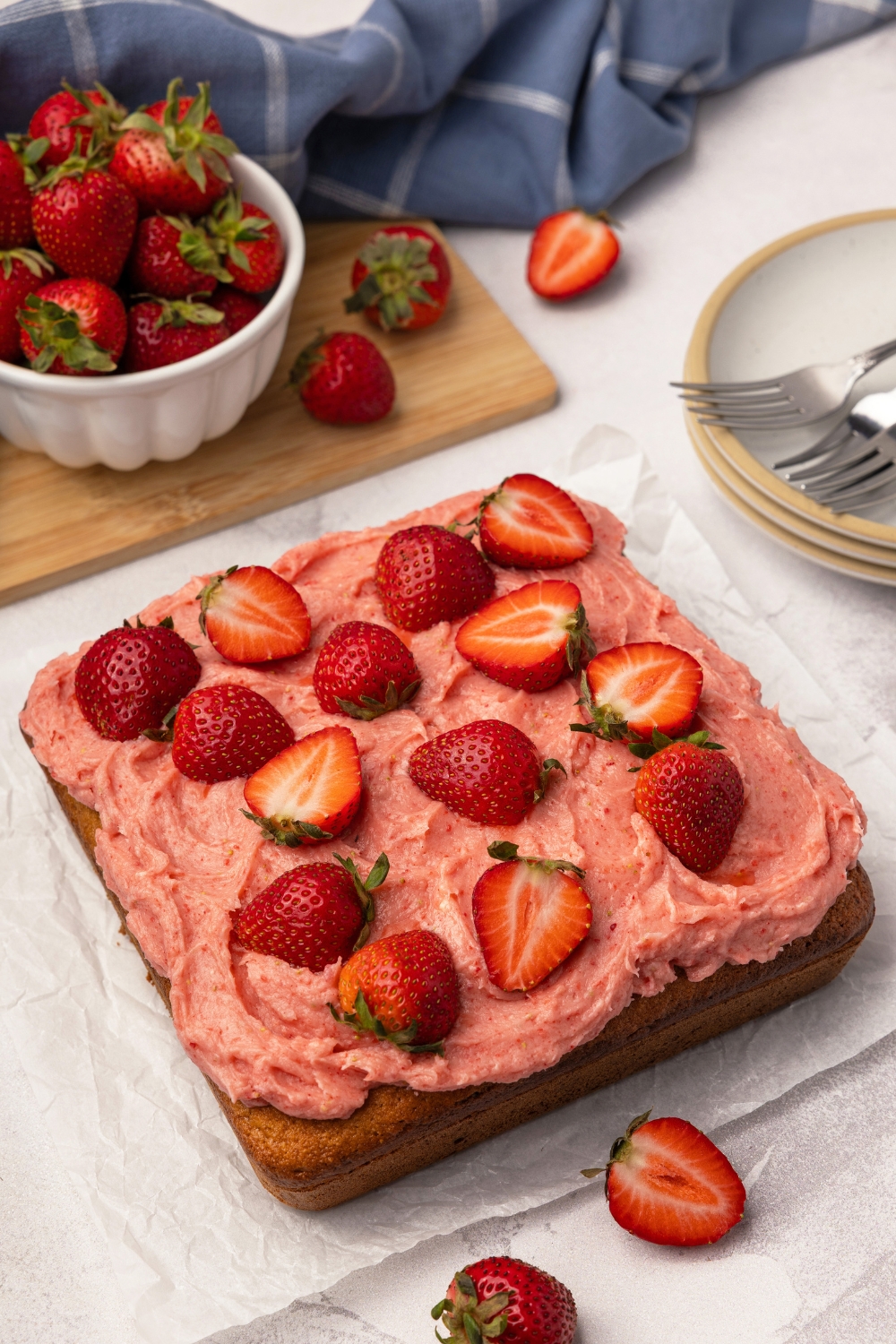 Strawberry Snack Cake with Probiotic Buttercream Frosting made with Lifeway Kefir and Lifeway Kefir Butter 