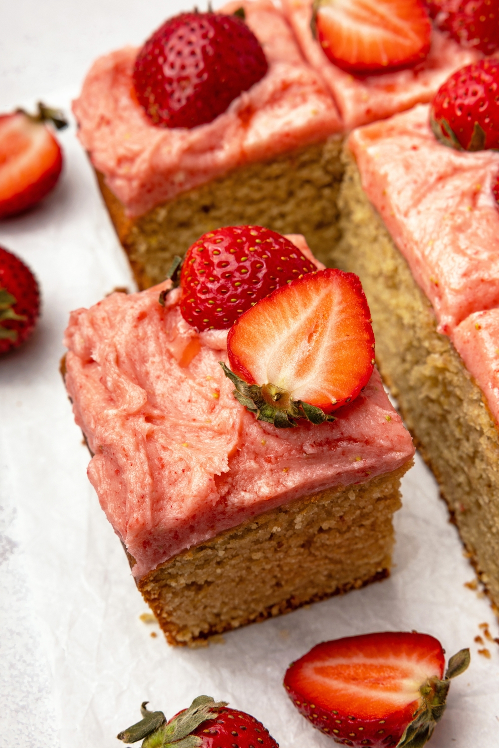 Strawberry Snack Cake with Probiotic Buttercream Frosting made with Lifeway Kefir and Lifeway Kefir Butter