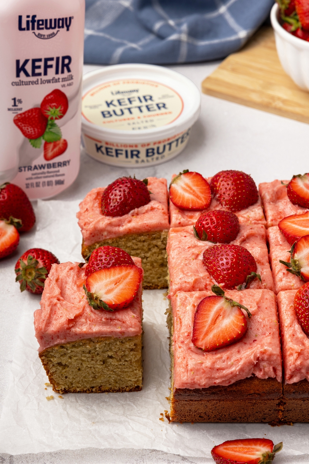 Strawberry Snack Cake with Probiotic Buttercream Frosting made with Lifeway Kefir and Lifeway Kefir Butter 