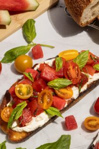 Watermelon Bruschetta Toast made with Lifeway Farmer Cheese